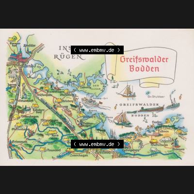 Ansichtskarte mit DDR Karten-Zeichnung 1970, Greifswalder Bodden - Landkarte gezeichnet und herausgegeben, bzw. an Urlauber in der Deutschen Demokratischen Republik verkauft. Sammlung