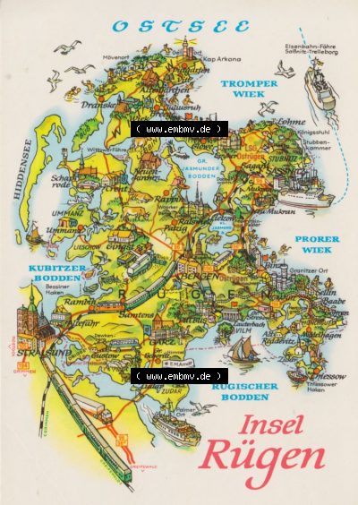 Ansichtskarte mit DDR Karten-Zeichnung 1982, Insel Rügen - Landkarte gezeichnet -.-.- Sammlung