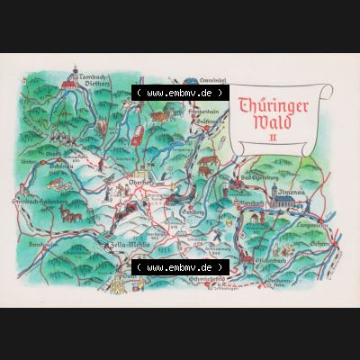 Ansichtskarte mit DDR Karten-Zeichnung 1970, Thüringer Wald II - Landkarte gezeichnet und herausgegeben, bzw. an Urlauber in der Deutschen Demokratischen Republik verkauft. Sammlung
