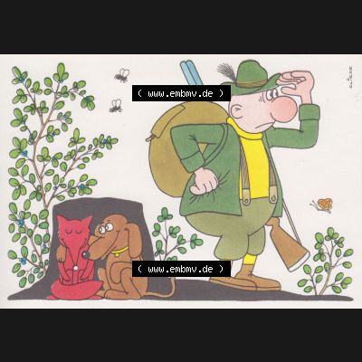 Ansichtskarten DDR Comics, Jäger mit Hund von 1986, Jeder Jäger lobt die Raubzeugschärfe seines Hundes vom Militärverlag der DDR (VEB) - Berlin, Comics gezeichnet... Sammlung