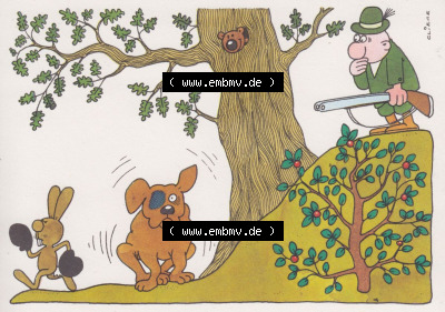 Ansichtskarten DDR Comics, Jäger mit Hund von 1986, Viele Hunde sind des Hasen Tod vom Militärverlag der DDR (VEB) - Berlin,... Sammlung