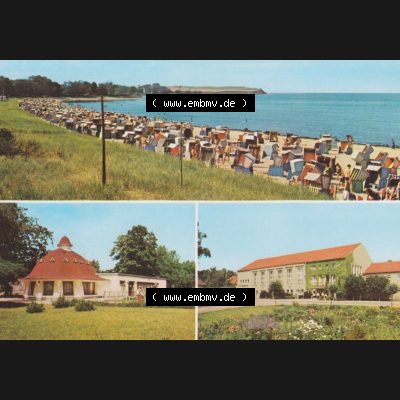 Ansichtskarte mit Ansichten der DDR Bezirk Rostock, Kreis Grevesmühlen, Ostseebad Boltenhagen 1981, An Strand, Pavillon-Bar, FDGB-Erholungsheim Fritz Reuter. Alte... Sammlung