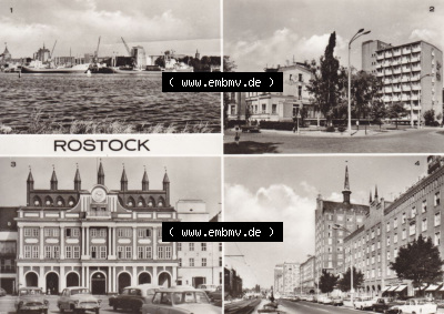 Ansichtskarte DDR Bezirk Rostock, Stadtkreis Rostock, Hansestadt Rostock Ansicht 1977, Blick zum alten Hafen, Bahnhofshotel, Rathaus,... Sammlung