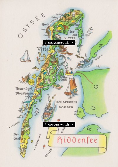 Ansichtskarte mit DDR Karten-Zeichnung 1970, Hiddensee - Landkarte gezeichnet -.-.- Sammlung