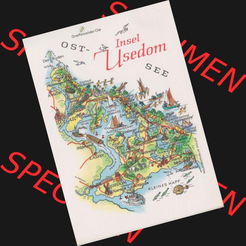 Ansichtskarte mit DDR Karten-Zeichnung 1970, Ost-Insel Usedom - Landkarte gezeichnet und herausgegeben, bzw. an Urlauber in der Deutschen Demokratischen Republik verkauft. Sammlung