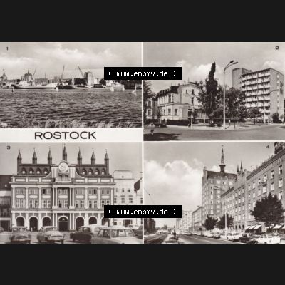 Ansichtskarte DDR Bezirk Rostock, Stadtkreis Rostock, Hansestadt Rostock Ansicht 1977, Blick zum alten Hafen, Bahnhofshotel, Rathaus, Lange Straße. Alte... Sammlung