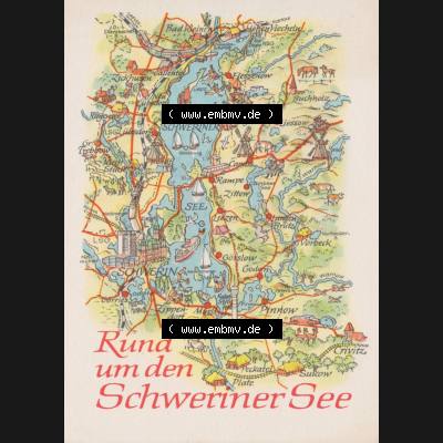 Ansichtskarte mit DDR Karten-Zeichnung 1968, Rund um den Schweriner See - Landkarte gezeichnet und herausgegeben, bzw. an Urlauber in der Deutschen Demokratischen Republik verkauft. Sammlung