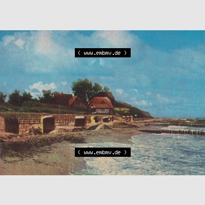 Fotos DDR Bezirk Rostock, Kreis Ribnitz-Damgarten, Ostseebad Ahrenshoop Lithografie von 1963, nach Aufnahmen von Fritz Wegschneider, Kleine Farbserie 6. Am Strand.... Sammlung