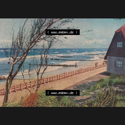 Fotos DDR Bezirk Rostock, Kreis Ribnitz-Damgarten, Ostseebad Ahrenshoop Lithografie von 1963, nach Aufnahmen von Fritz Wegschneider, Kleine Farbserie 4. Haus am Strand.... Sammlung