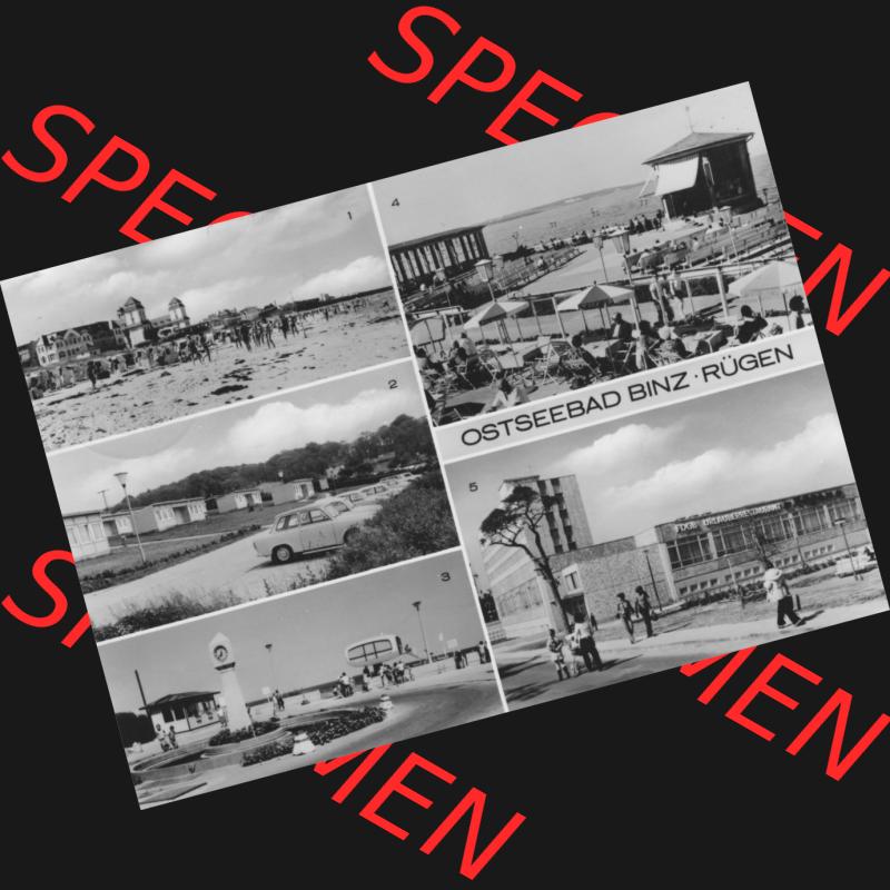 Foto mit Ansicht der DDR Bezirk Rostock, Kreis Rügen, DDR Ostseebad Binz 1978, Wendeplatz mit Uhr, Kurhaus am Strand, Weg zum Strand. Ansichtskarten Sammlung Ostseebad... Sammlung