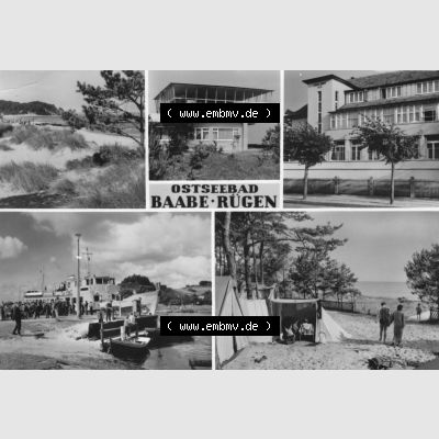 Ansichtskarte mit Ansicht der DDR Bezirk Rostock, Kreis Rügen, DDR Ostseebad Baabe 1983, Strand, Dampfer, Ferienheim Edgar Andre, Zeltplatz. Ansichtskarten... Sammlung