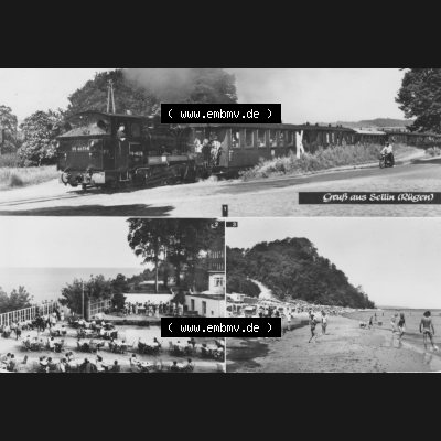 Ansichtskarte mit Ansicht der DDR Bezirk Rostock, Kreis Rügen, DDR Ostseebad Sellin 1981, Kleinbahn auf der Insel Rügen, Freilichtbühne, Fischerstrand.... Sammlung
