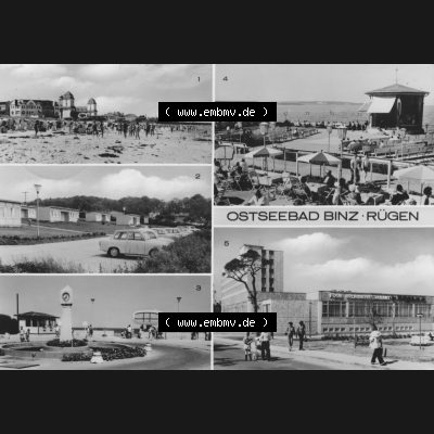 Foto mit Ansicht der DDR Bezirk Rostock, Kreis Rügen, DDR Ostseebad Binz 1978, Wendeplatz mit Uhr, Kurhaus am Strand, Weg zum Strand. Ansichtskarten Sammlung Ostseebad... Sammlung