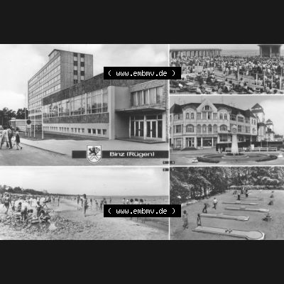 Foto mit Ansicht der DDR Bezirk Rostock, Kreis Rügen, DDR Ostseebad Binz 1985, Strand, Am Kurhaus, Minigolfanlage. Ansichtskarten Sammlung Ostseebad Binz auf der... Sammlung