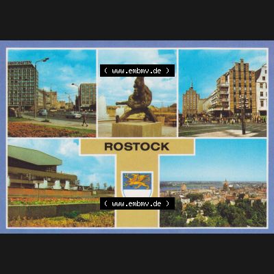 Alte Ansichtskarte mit Ansicht der DDR Bezirk Rostock, Stadtkreis & Hansestadt Rostock Lange Straße, Plastik an der Sporthalle und Kongresshalle, Café Rostock.... Sammlung