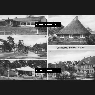 Ansichtskarte mit Ansicht der DDR Bezirk Rostock, Kreis Rügen, DDR Ostseebad Baabe 1986, Baabe HO-Gaststätte Am See, 3. Kaufhalle, Fischerhaus. Ansichtskarten... Sammlung
