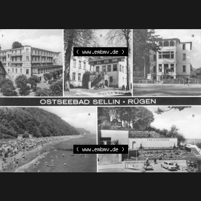 Ansichtskarte mit Ansicht der DDR Bezirk Rostock, Kreis Rügen, DDR Ostseebad Sellin 1983, Reisebüro der DDR, Kurhaus Frieden, FDGB-Heime Sellin und Frohsinn,... Sammlung