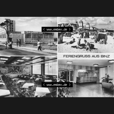 Foto mit Ansicht der DDR Bezirk Rostock, Kreis Rügen, DDR Ostseebad Binz 1977, Feriengruss aus Binz, Am Strand, FDGB-Urlauberheime. Ansichtskarten Sammlung Ostseebad... Sammlung