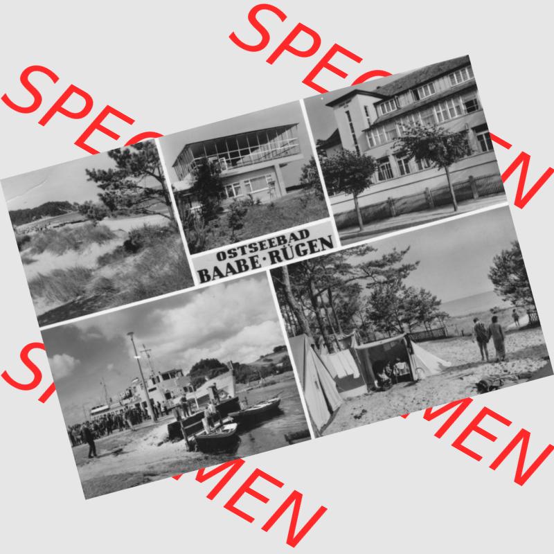 Ansichtskarte mit Ansicht der DDR Bezirk Rostock, Kreis Rügen, DDR Ostseebad Baabe 1983, Strand, Dampfer, Ferienheim Edgar Andre, Zeltplatz. Ansichtskarten... Sammlung