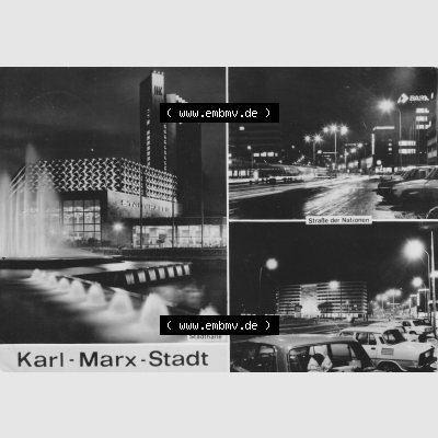 Ansichtskarte Foto-Ansicht DDR, Stadt Karl-Marx-Stadt 1979, Stadthalle bei Nacht, Straße der Nationen. Digitales Bildmaterial von Ansichtskarten aus der DDR, der Deutschen... Sammlung