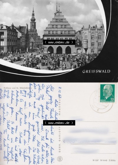 Ansicht der Stadt Greifswald 1967, Rathaus und St. Nikolaikirche, Verlag Gebr. Garloff KG - Magdeburg, zum herunterladen freigegeben Sammlung