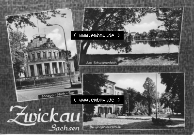 Erhard Neubert KG - Karl-Marx-Stadt, 3-Bildkarten, 1960er Jahre, 1964, Stadt Zwickau in Sachsen mit Mocca-Milchbar, Am Schwanenteich,... Sammlung
