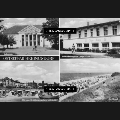 Ansichtskarte mit Ansicht Ostseebad Heringsdorf 1975, Kulturhaus und FDGB-Erholungsheime. Alte Ansichtskarte der DDR Bezirk Rostock, Kreis Bad Wolgast, Ostseebad Heringsdorf im... Sammlung