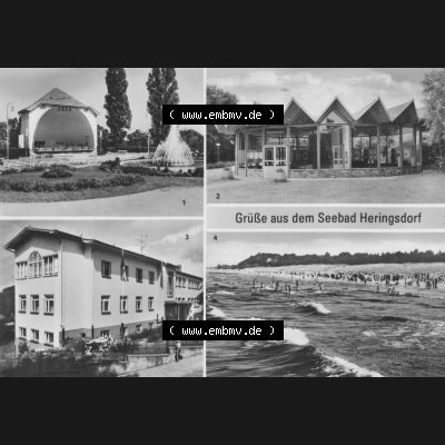 Ansichtskarte mit Ansicht Ostseebad Heringsdorf 1985, Austellung-Pavillon, Konzertplatz, Strand. Alte Ansichtskarte der DDR Bezirk Rostock, Kreis Bad Wolgast, Ostseebad... Sammlung