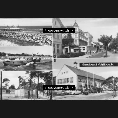Alte Ansichtskarte der DDR Ahlbeck auf Usedom 1974, Bungalowdort, Haus der Erholung, Mehrbildkarte, Planet-Verlag Berlin. Digitales Bildmaterial von Ansichtskarten aus der... Sammlung