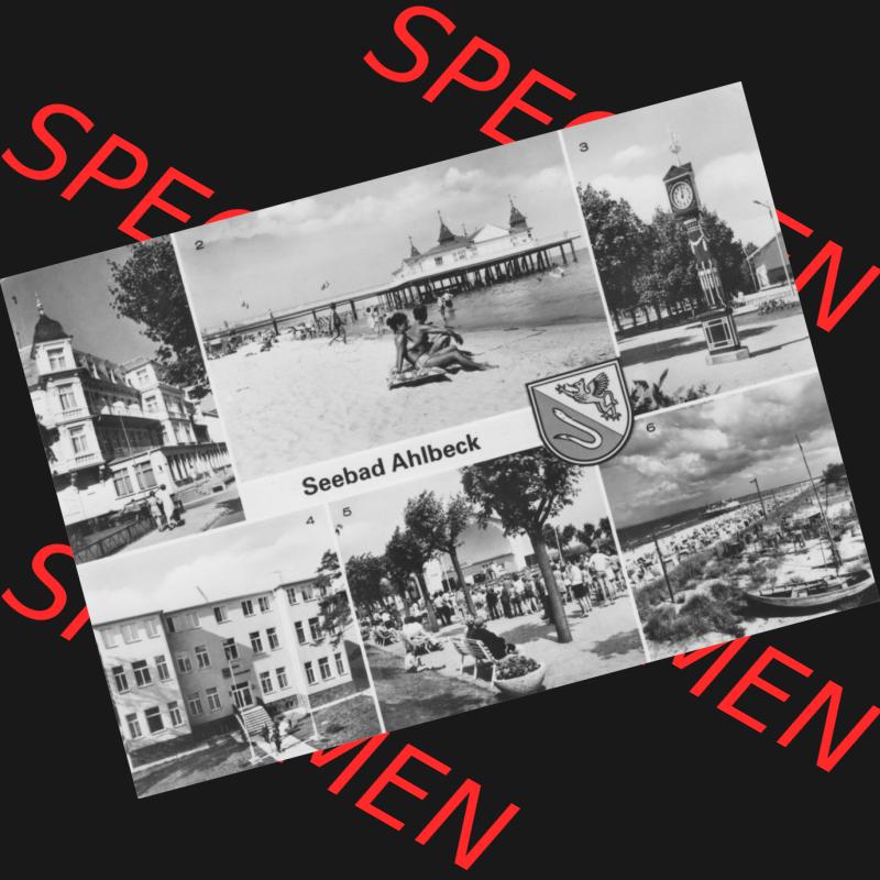 Alte Ansichtskarte der DDR Ahlbeck auf Usedom 1962, Mehrbildkarte, Stranduhr von Ahlbeck am Meer. Digitales Bildmaterial von Ansichtskarten aus der DDR, der Deutschen Demokratischen... Sammlung