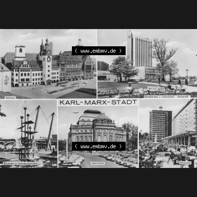 Ansichtskarte Foto-Ansicht DDR, Stadt Karl-Marx-Stadt 1979, Rathaus, Stadthalle, Opernhaus, Brunnen am Ommibus-bahnhof. Digitales Bildmaterial von Ansichtskarten aus... Sammlung