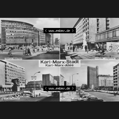 Ansichtskarte Foto-Ansicht DDR, Stadt Karl-Marx-Stadt 1983, Zentrum-Warenhaus, Ensemble - Lobgedichte, Karl-Marx-Monument. Digitales Bildmaterial von Ansichtskarten aus der... Sammlung