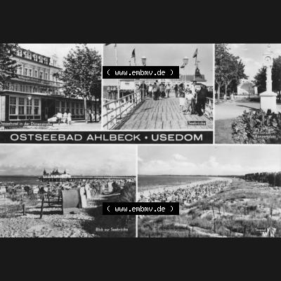 Alte Ansichtskarte der DDR Ahlbeck auf Usedom 1969, Ostseehotel an der Dünenstraße, Seebrücke, Konzertplatz, Strand. Digitales Bildmaterial von Ansichtskarten... Sammlung