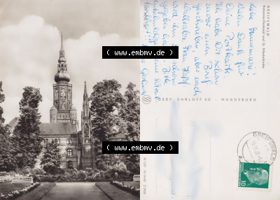 Ansicht der Stadt Greifswald 1967, Rubenow-Denkmal und St. Nikolaikirche, Verlag Gebr. Garloff KG - Magdeburg, zum herunterladen... Sammlung