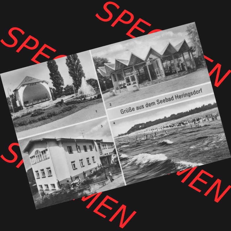 Ansichtskarte mit Ansicht Ostseebad Heringsdorf 1985, Austellung-Pavillon, Konzertplatz, Strand. Alte Ansichtskarte der DDR Bezirk Rostock, Kreis Bad Wolgast, Ostseebad... Sammlung