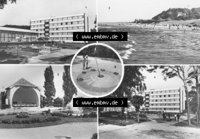Ansicht Ostseebad Heringsdorf 1985, FDGB-Heim Erich Weinert, Strand, Sonnenuhr, Konzertplatz Sammlung
