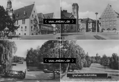Heldge-Verlag Köthen/Anhalt, 1960er, 1969, Grußkarte, Gruß aus Aschersleben, Rathaus, Gondelteich, Westdorfer Warte, Post und... Sammlung