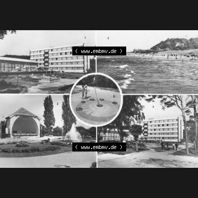 Ansichtskarte mit Ansicht Ostseebad Heringsdorf 1985, FDGB-Heim Erich Weinert, Strand, Sonnenuhr, Konzertplatz. Alte Ansichtskarte der DDR Bezirk Rostock, Kreis Bad... Sammlung