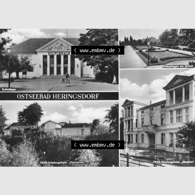 Ansichtskarte mit Ansicht Ostseebad Heringsdorf 1968, Kulturhaus, Parkanlagen am Strand, FDGB-Erholungsheime. Alte Ansichtskarte der DDR Bezirk Rostock, Kreis Bad Wolgast,... Sammlung