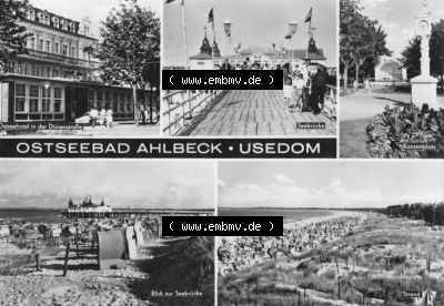 Ansichtskarte der DDR Ahlbeck auf Usedom 1969, Ostseehotel an der Dünenstraße, Seebrücke, Konzertplatz, Strand, zum herunterladen... Sammlung