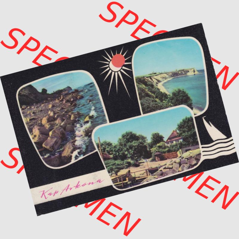 Ansichtskarte Walter Werner Verlag KG Markkleeberg - Leipzig DDR Bezirk Rostock der 1960er Jahre, 1965, Lithografie, Schwarze Kap Arkona, Mehrbildkarte, Steiniges Ufer,... Sammlung