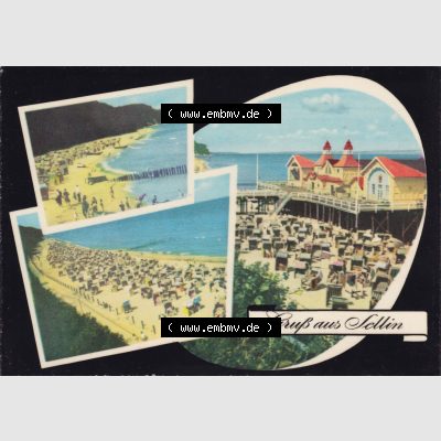 Ansichtskarte Walter Werner Verlag KG Markkleeberg - Leipzig DDR Bezirk Rostock der 1960er Jahre, 1962, Lithografie, Seebad Sellin, Strand, Strandblick, Seebrücke,... Sammlung