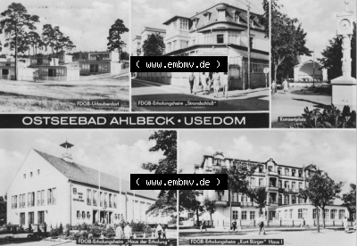 Ansichtskarte der DDR Ahlbeck auf Usedom 1970, FDGB Urlauberdorf, FDGB-Erholungsheime, Stammschloss, Konzertplatz, Haus der Erholung,... Sammlung