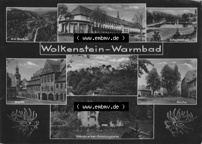 1962, Wolkenstein-Warmbad, 7-Bildkarte bzw. Siebenbildkarte vom Verlag Erhard Neubert KG mit drei Straßen, Klubhaus, Schwimmbad,... Sammlung