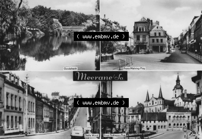 1970, Stadt Meerane in Sachsen, Vierbildkarte vom Verlag Erhard Neubert KG, Gondelteich, Franz-Mehring-Platz, Steile Wand, Ernst... Sammlung