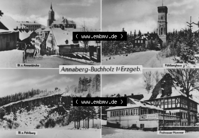 1970, Annaberg-Buchholz im Erzgebirge, Vierbildkarte vom Verlag Erhard Neubert KG Blick zur Annakirche, Pöhlberghaus, Pöhlberg,... Sammlung