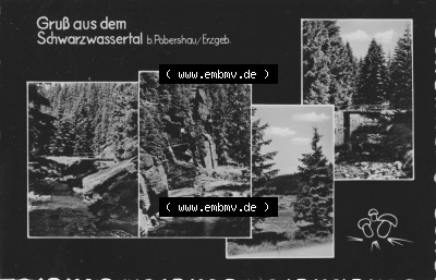 1964, Grußkarte, Gruß aus Schwarzwassertal bei Pobershau im Erzgebirge, Vierbildkarte vom Verlag Erhard Neubert KG. Sammlung