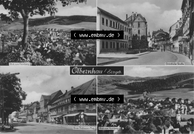 1968, Olbernhau Erzgebirge, Vierbildkarte vom Verlag Erhard Neubert KG, Blick zum Hainberg, Grünthaler Straße, Ernst Thälmann... Sammlung