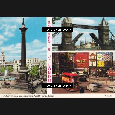 Ansichtskarte Großbritannien, GB-England, Stadt London in Farbe / Color, Motiv Souvenir of London, Nelsons Colum, Tower Bridge and Piccadilly Circus, London... Sammlung