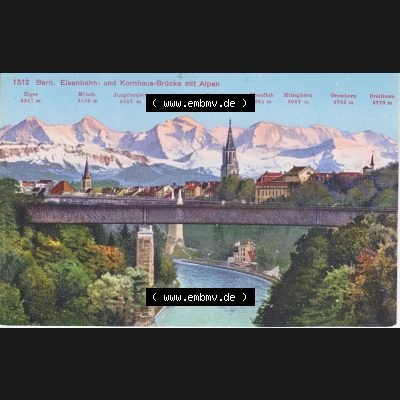 Ansichtskarte Schweiz, Karton Bern, Verwaltungskreis Bern-Mittelland, Stadt Bern, Lithografie vor 1945, 1512 Bern, Eisenbahn und Kornhausbrücke mit Alpen (1) Sammlung